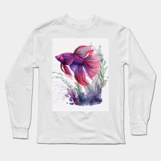 Purple and Red Betta Fish Watercolor Long Sleeve T-Shirt